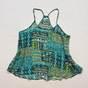 Nabee Blue Green Sheer Aztec Print Cami Tank Top, Size Large